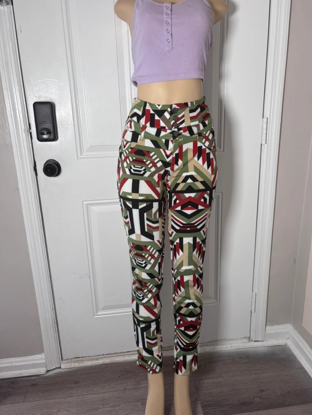 Women's Geometric Print Pants in Green, Red & Black